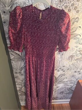 Smocked Burgundy Floral Maxi Dress with Puff Sleeves